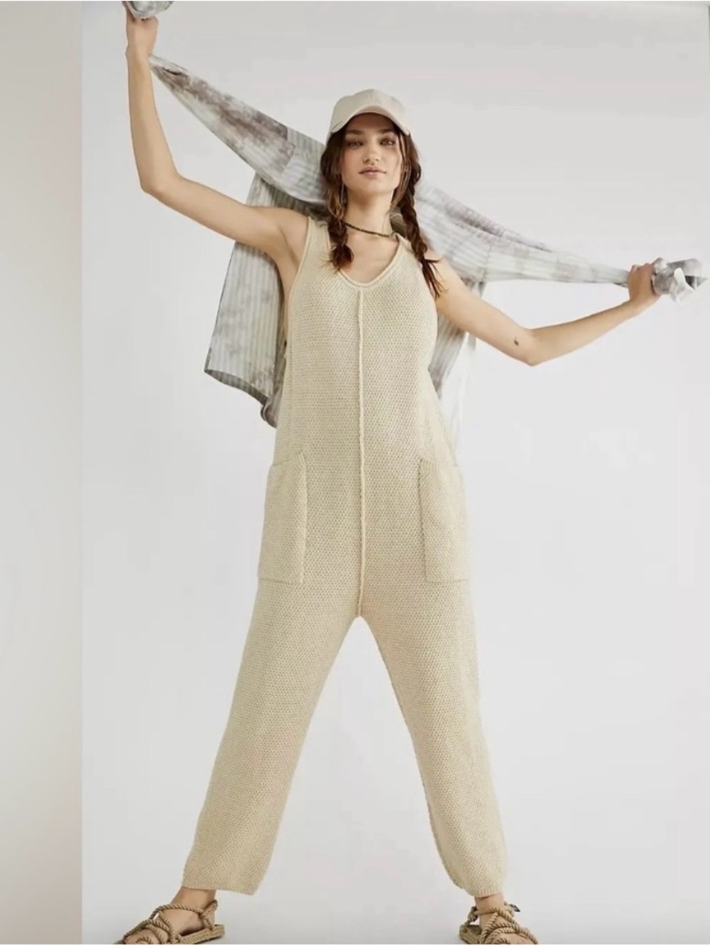 Free People Beige Knit Tank Jumpsuit with Pockets